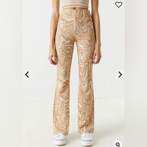 Tan marble high rise crepe knit flare pant